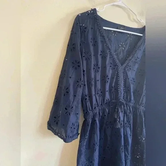 J.Crew V-Neck Beach Tunic Cover-up, Eyelet, Navy